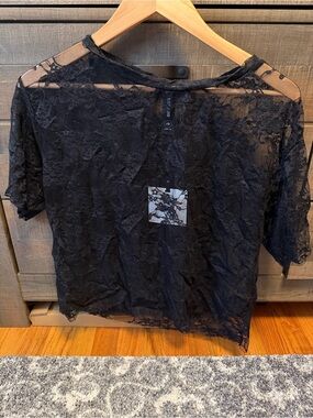 Agnes & Dora Sheer Black Lace Short-Sleeve Top